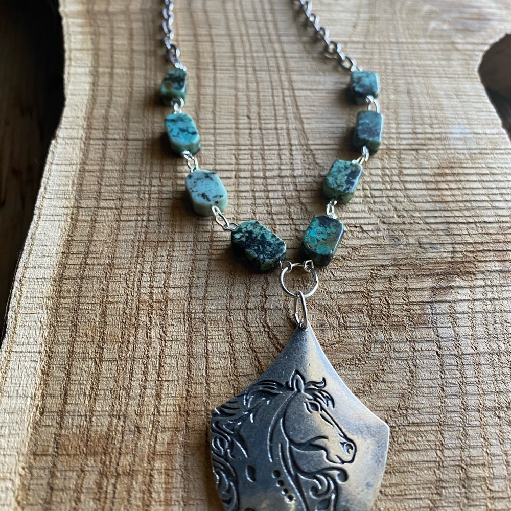 Silver Tone Horse Pendant Necklace with Turquoise Beads - Picture 7 of 9